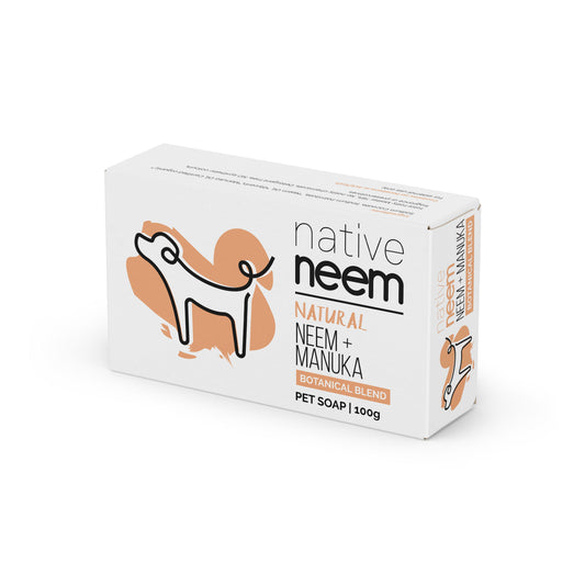 A white rectangular box of Native Neem Pet Soap, Neem + Manuka Botanical Blend, 100g, shown at a three-quarter angle on a white background.