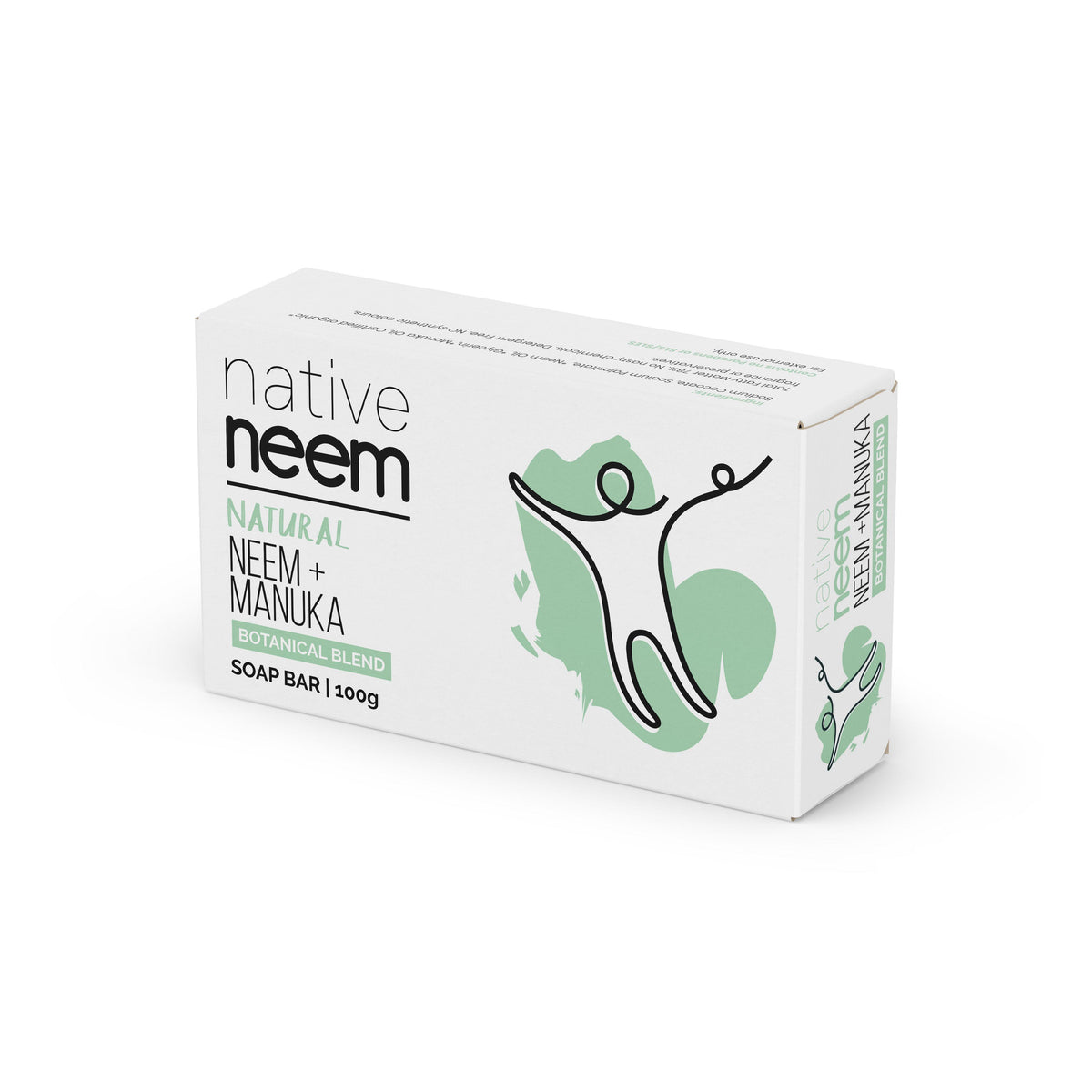 A white rectangular box of Native Neem Natural Neem + Manuka Soap Bar, featuring a green abstract graphic and black text, set against a plain white background.