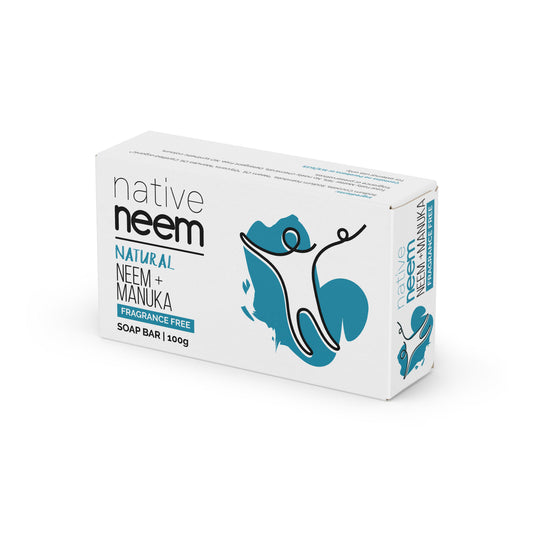 A white rectangular box of Native Neem Natural Neem + Manuka Fragrance Free Soap Bar, 100g, featuring blue and black graphics on a white background.
