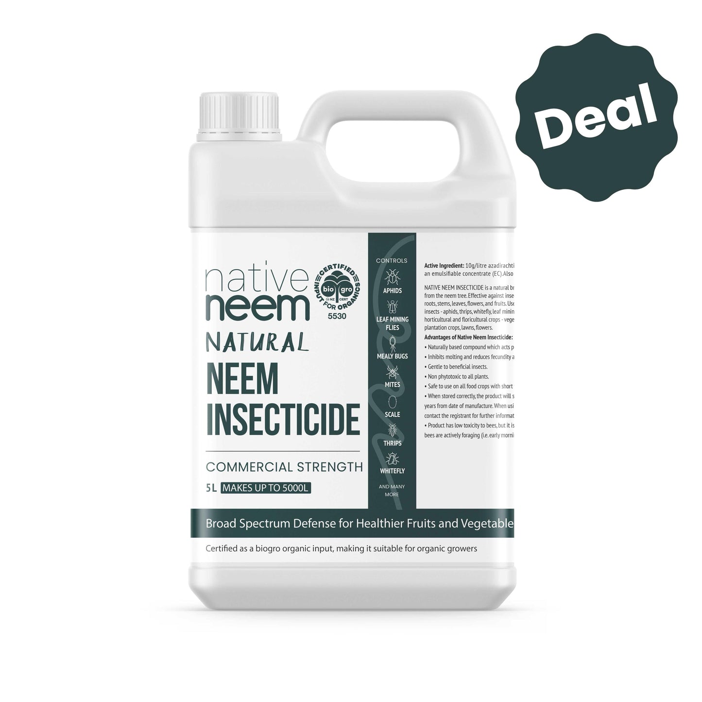 Native Neem natural insecticide bottle on a white background with 'Deal' label.