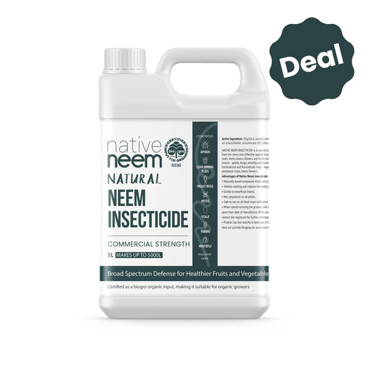 Native Neem natural insecticide bottle on a white background with 'Deal' label.