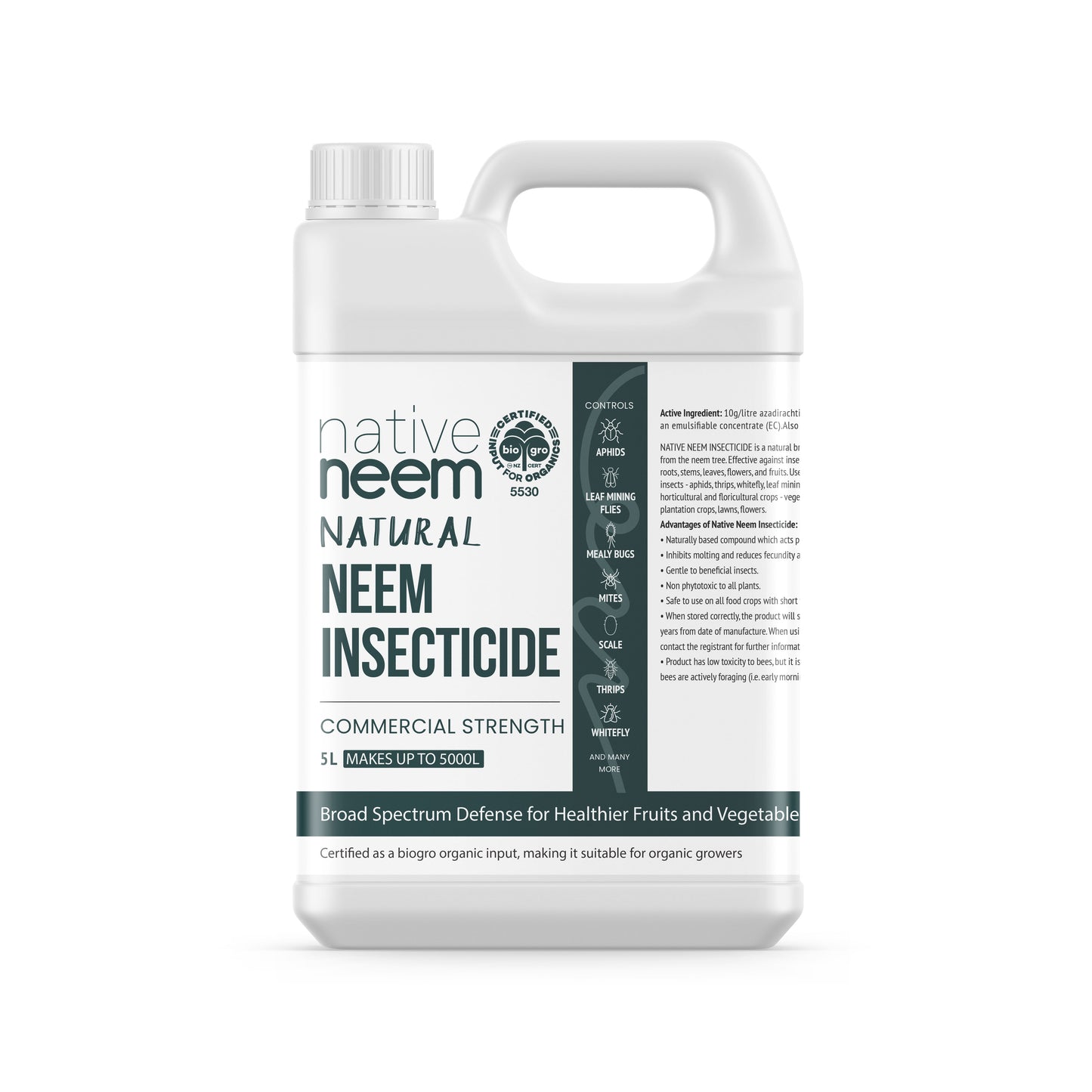 5L bulk container of organic neem oil insecticide for broad-spectrum pest control in New Zealand home orchards and gardens.
