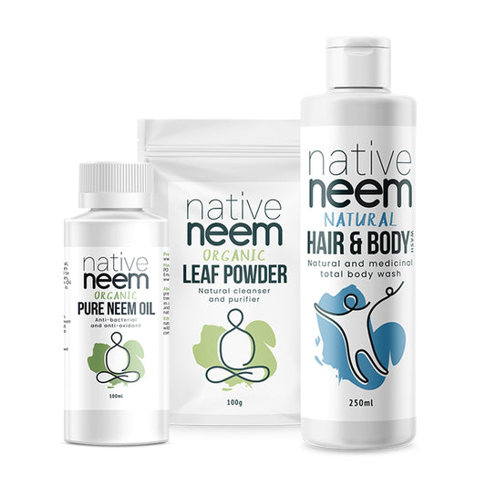 Native Neem Organic Eczema & Psoriasis Pack with pure neem oil, neem leaf powder and Hair & Body Wash